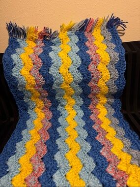 Vintage Handmade Chevron Knitted Afghan In Blues, Yellow, Pink